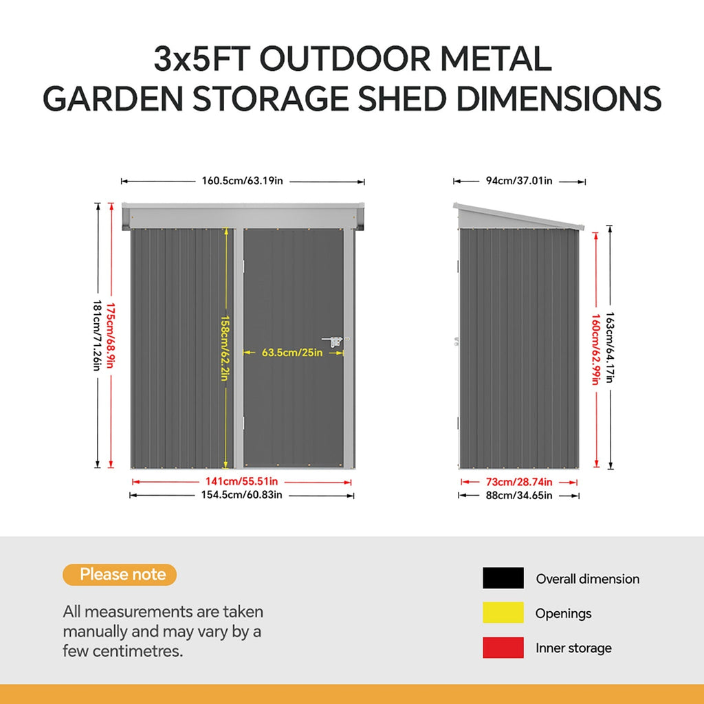 5 x 3 ft Metal Garden Storage Shed with Pent Roof & Lockable Door