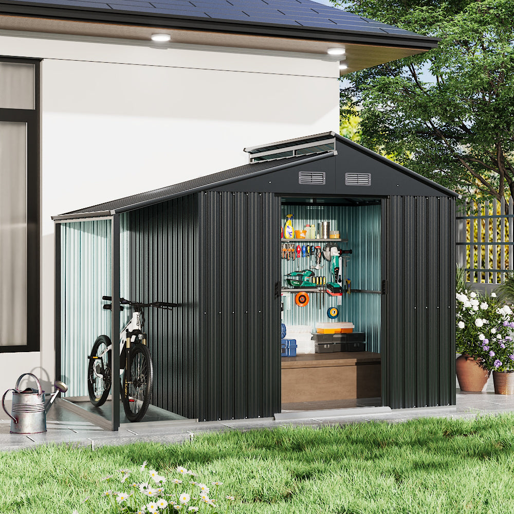 Galvanised Steel Garden Storage Shed with Apex Roof & Side Lean-to