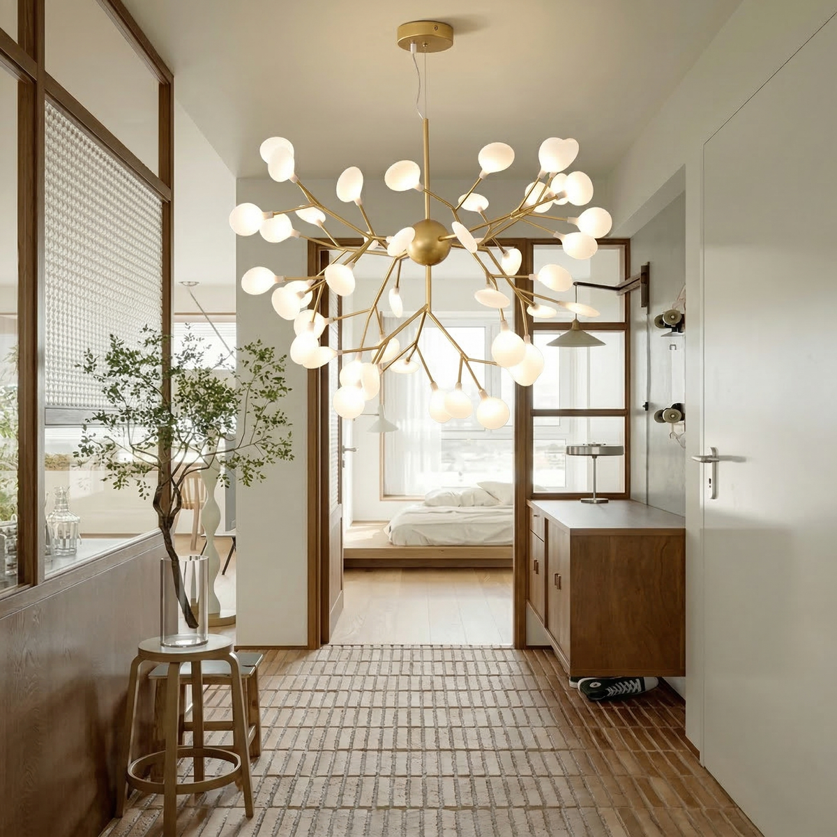 Modern Firefly LED chandelier by DEMOLIGHTS featuring Nordic leaf branch design, pendant light with LED firefly-inspired bulbs.