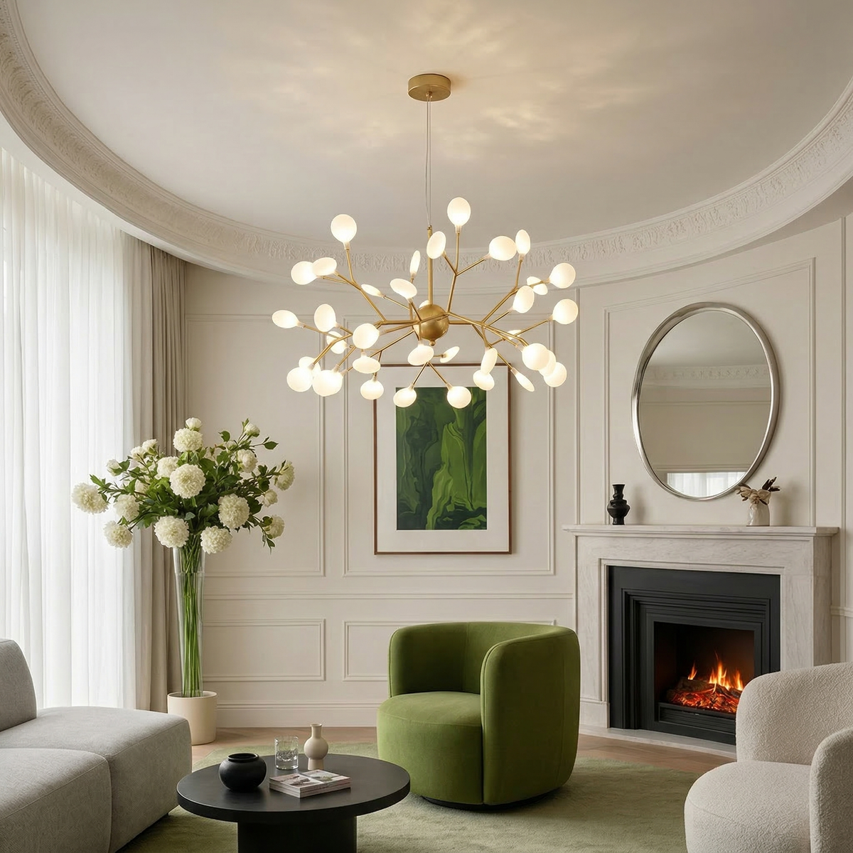 Modern Firefly LED chandelier by DEMOLIGHTS featuring Nordic leaf branch design with glowing LED lights for elegant ceiling lighting.