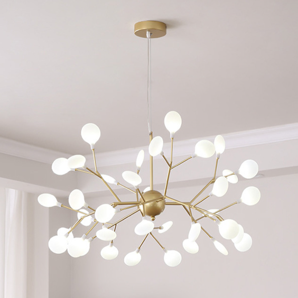 Modern Firefly LED chandelier by DEMOLIGHTS featuring Nordic leaf branch design with multiple illuminated leaf-shaped LED lights.