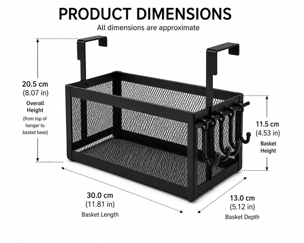Over-Cabinet Hanging Metal Mesh Basket with 4 Hooks, Black, 11.81 x 5.12 x 8.07 in